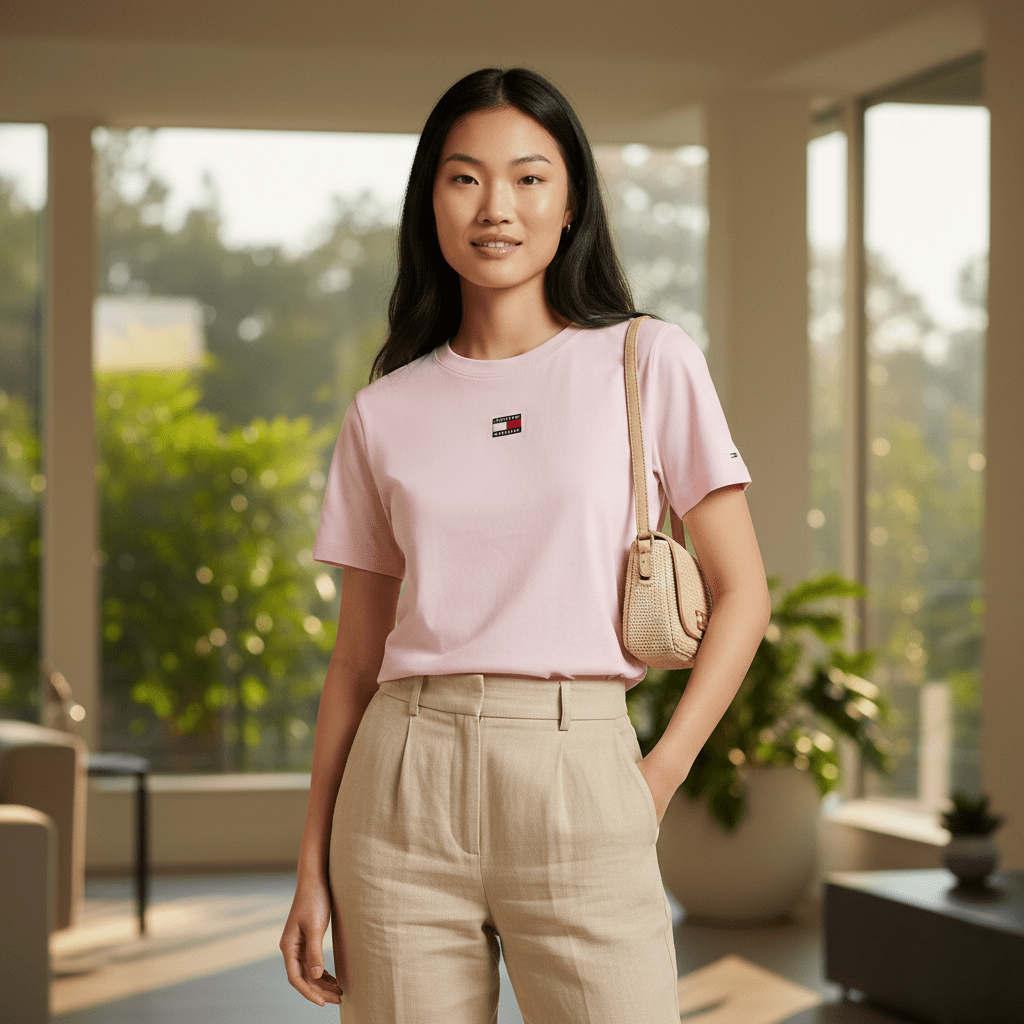 Tommy Hilfiger Dames T-shirt - Lichtroze Crop Top met Logo - Premium Katoen - Zenvogue.
