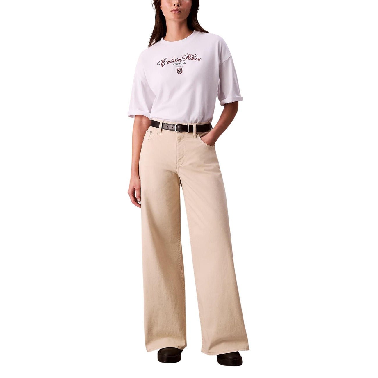 Calvin Klein Dames T-shirt - Oversized Fit - Wit met New York Script Logo - Zenvogue.