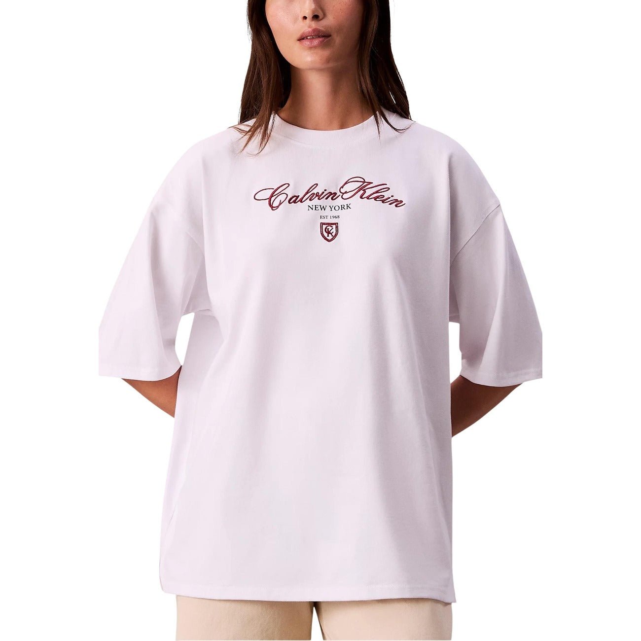 Calvin Klein Dames T-shirt - Oversized Fit - Wit met New York Script Logo - Zenvogue.