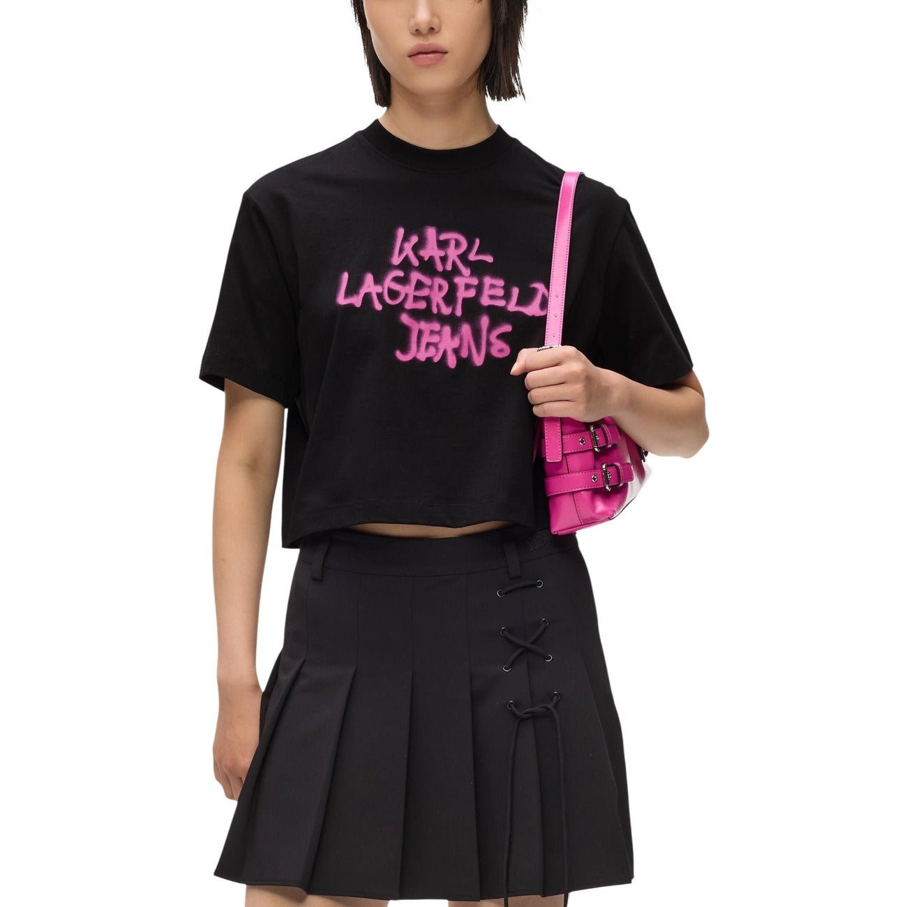 Karl Lagerfeld Jeans Dames T-shirt - Zwarte Crop Top - Roze Graffiti Logo - Zenvogue.