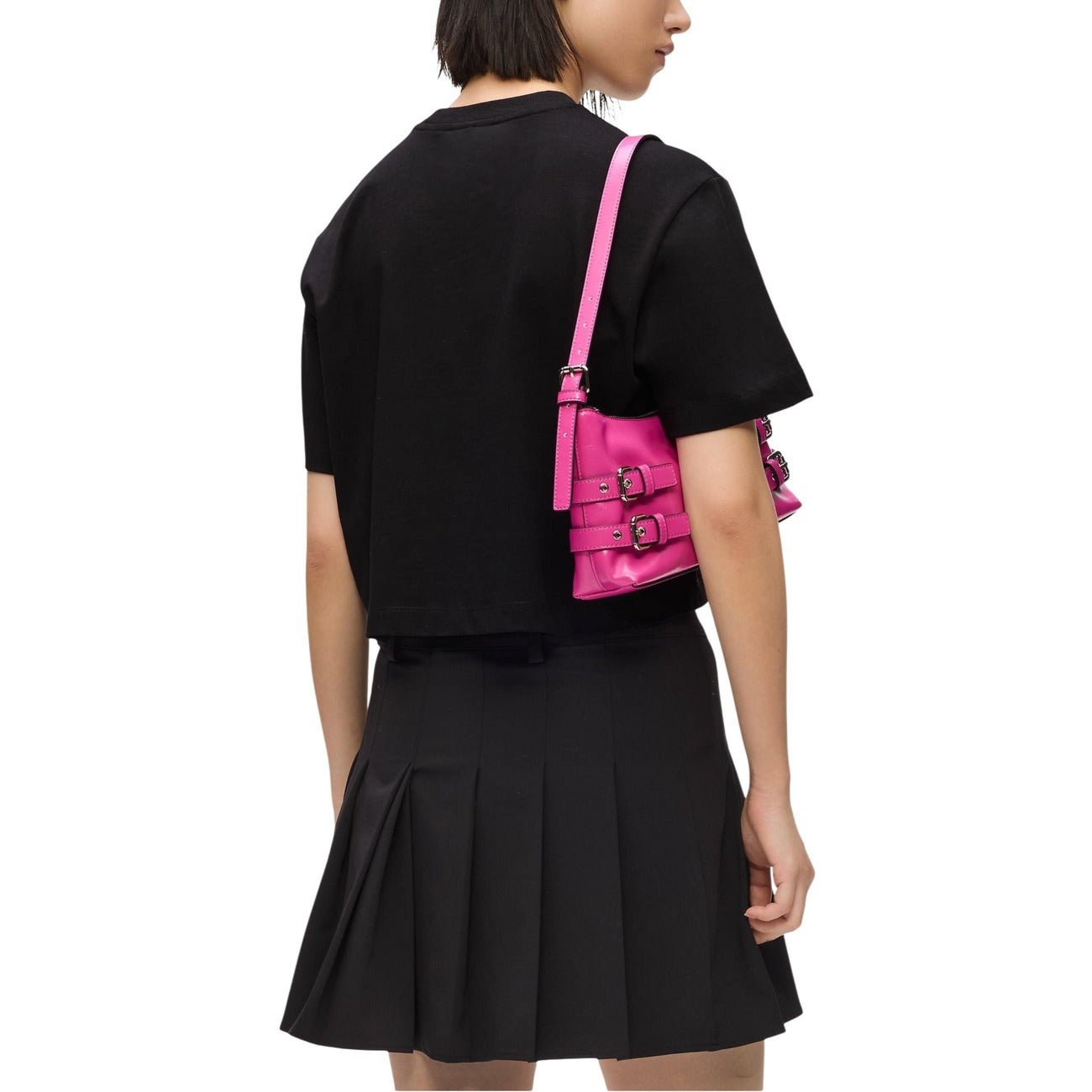 Karl Lagerfeld Jeans Dames T-shirt - Zwarte Crop Top - Roze Graffiti Logo - Zenvogue.