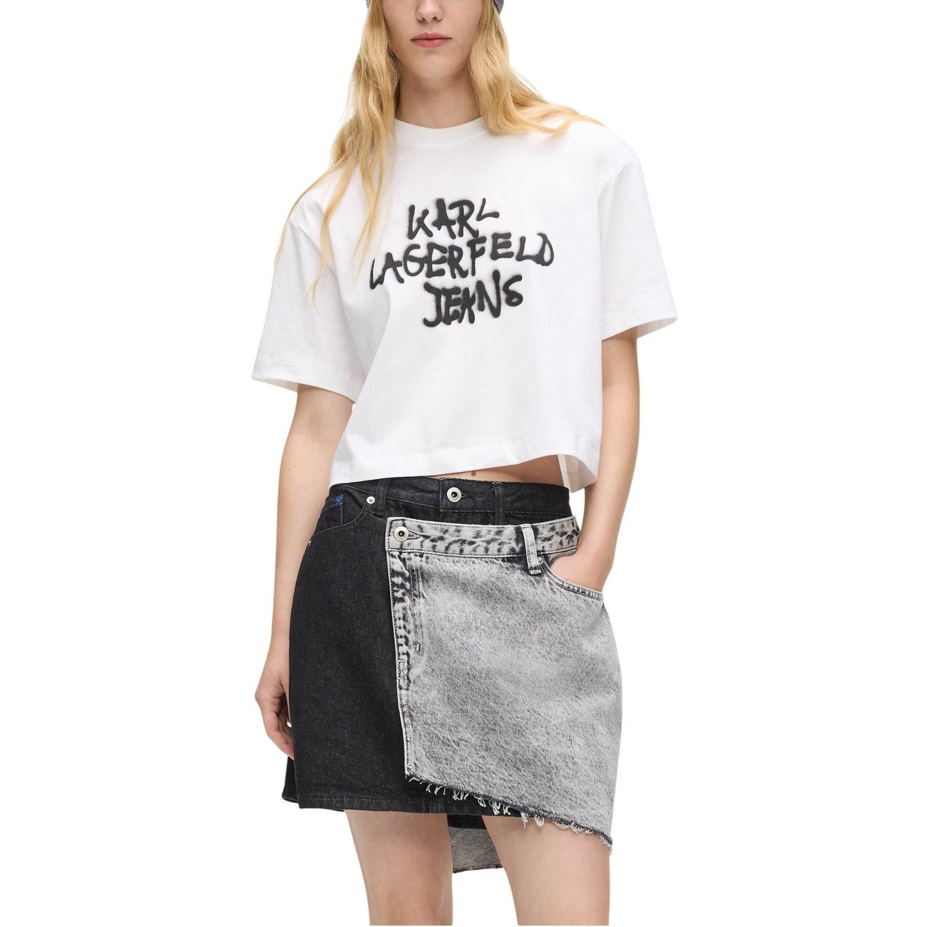 Karl Lagerfeld Jeans Dames T-shirt - Zwarte Crop Top - Roze Graffiti Logo - Zenvogue.