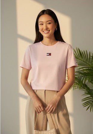 Tommy Hilfiger Dames T-shirt - Lichtroze Crop Top met Logo - Premium Katoen - Zenvogue.